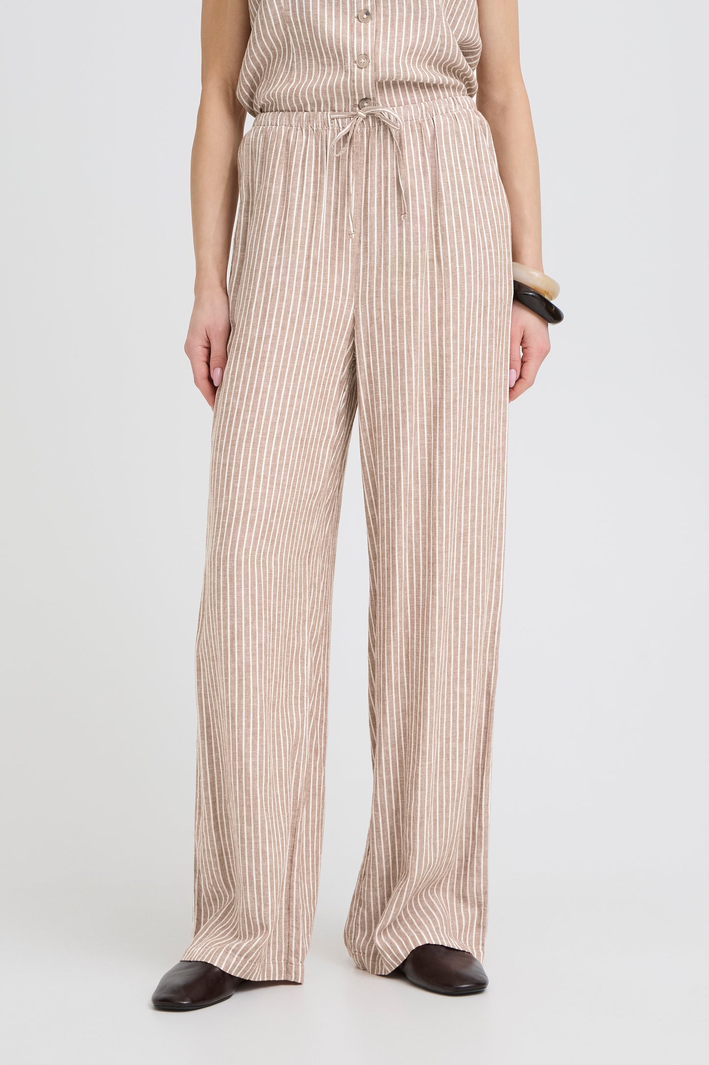Lightweight linen-blend full length women's trousers in white and brown stripe
