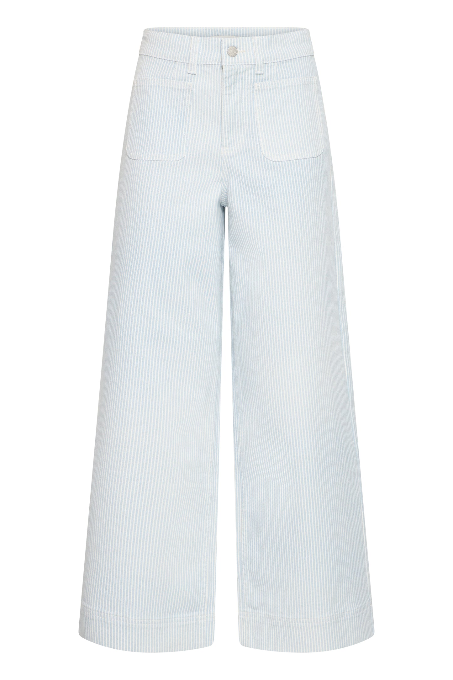 Women's wide-leg light blue stripe jeans with high waist and front pockets