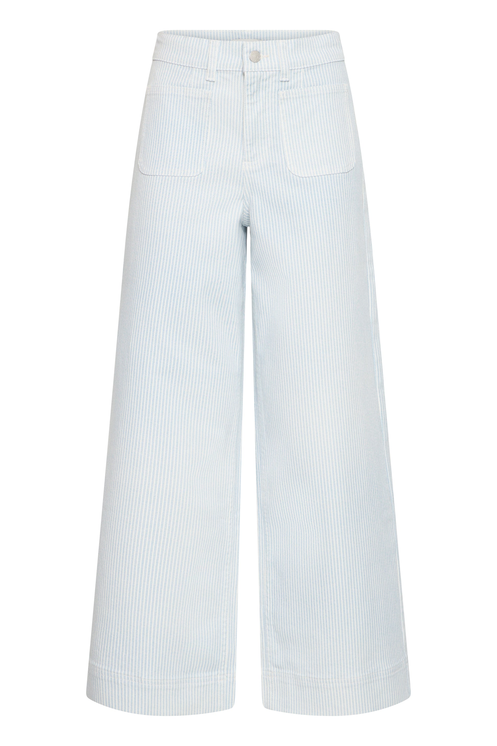 Women's wide-leg light blue stripe jeans with high waist and front pockets