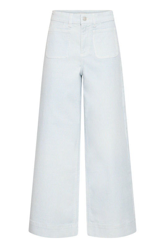 Women's wide-leg light blue stripe jeans with high waist and front pockets