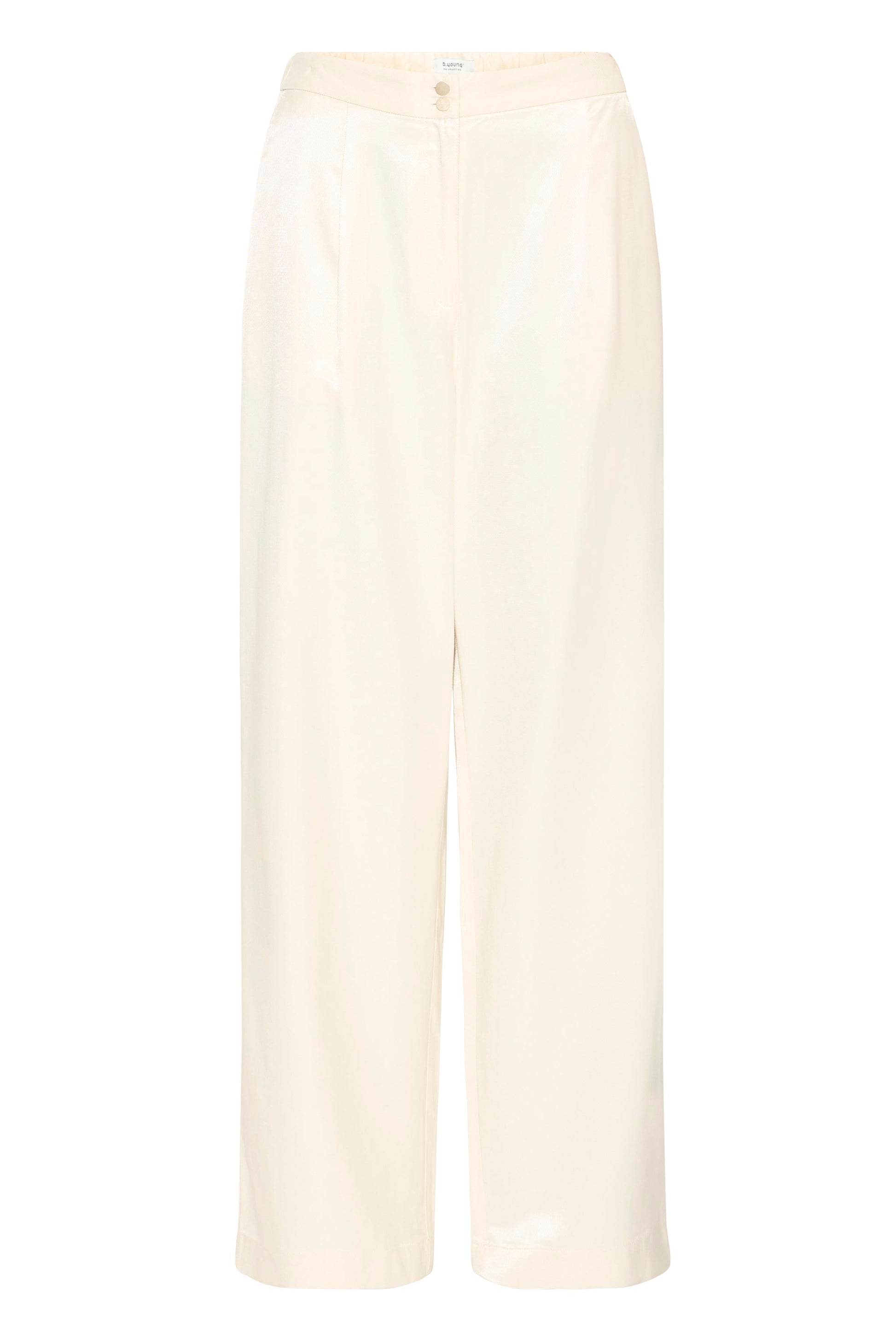 Women's cream full length trousers with straight, wide -leg, fluid drape and high waist. Subtle front pleats add shape and movement.