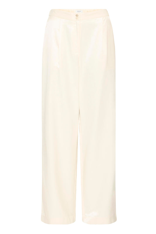 Women's cream full length trousers with straight, wide -leg, fluid drape and high waist. Subtle front pleats add shape and movement.