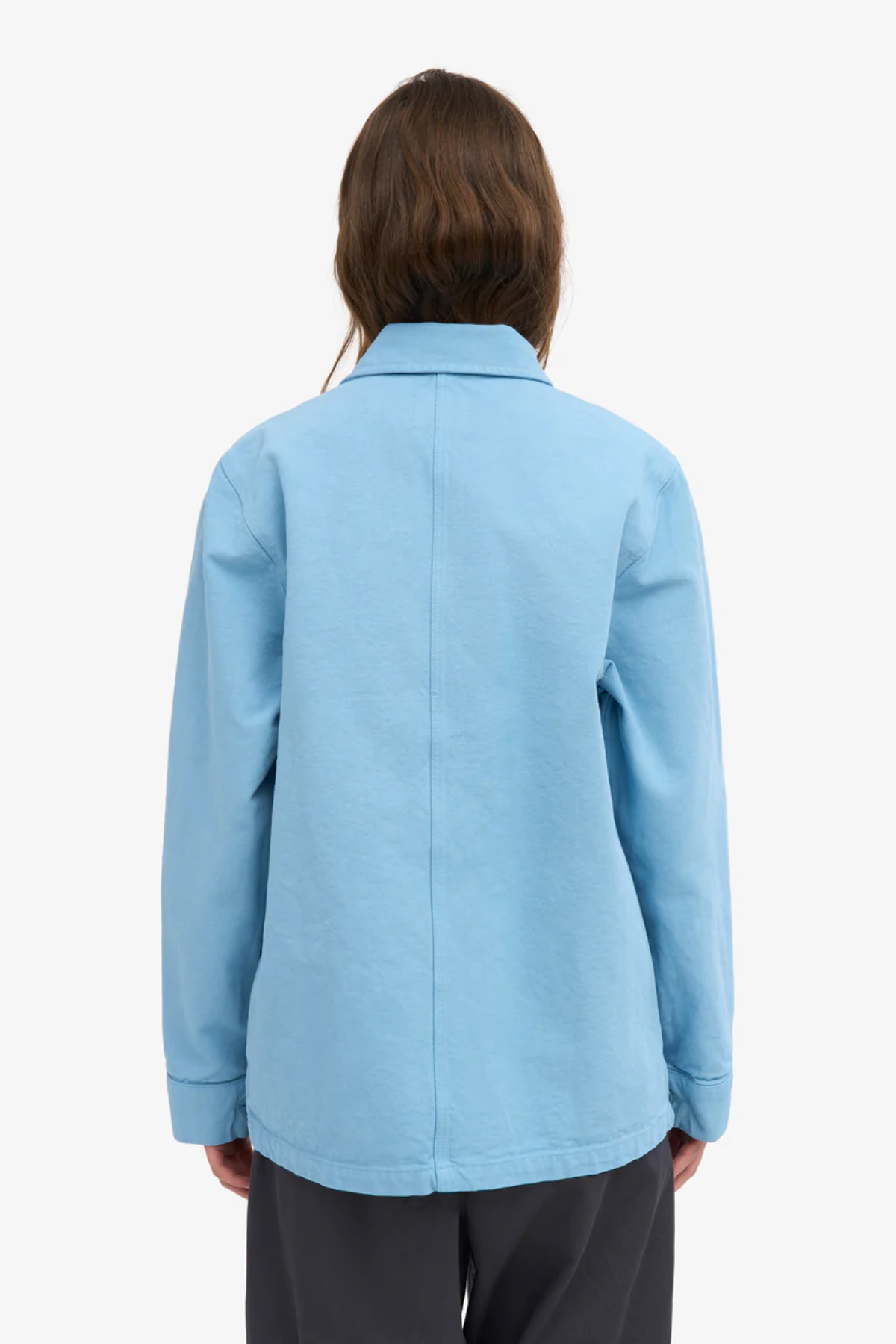 Light blue unisex organic cotton worker jacket with button front and pocket detail