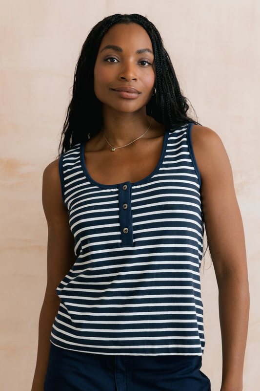 An easy wearing essential navy and white striped vest has a deep round neck with a half buttoned placket, built up back and wide straps.