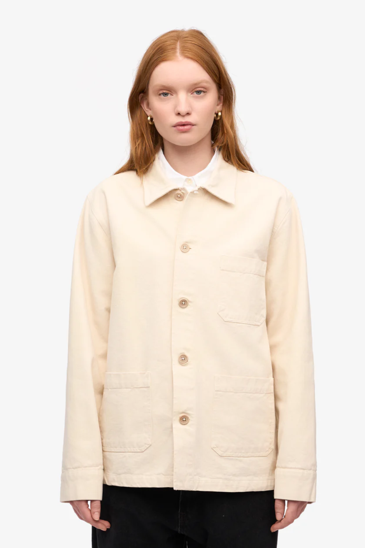 Ivory unisex organic cotton worker jacket with button front and pocket detail