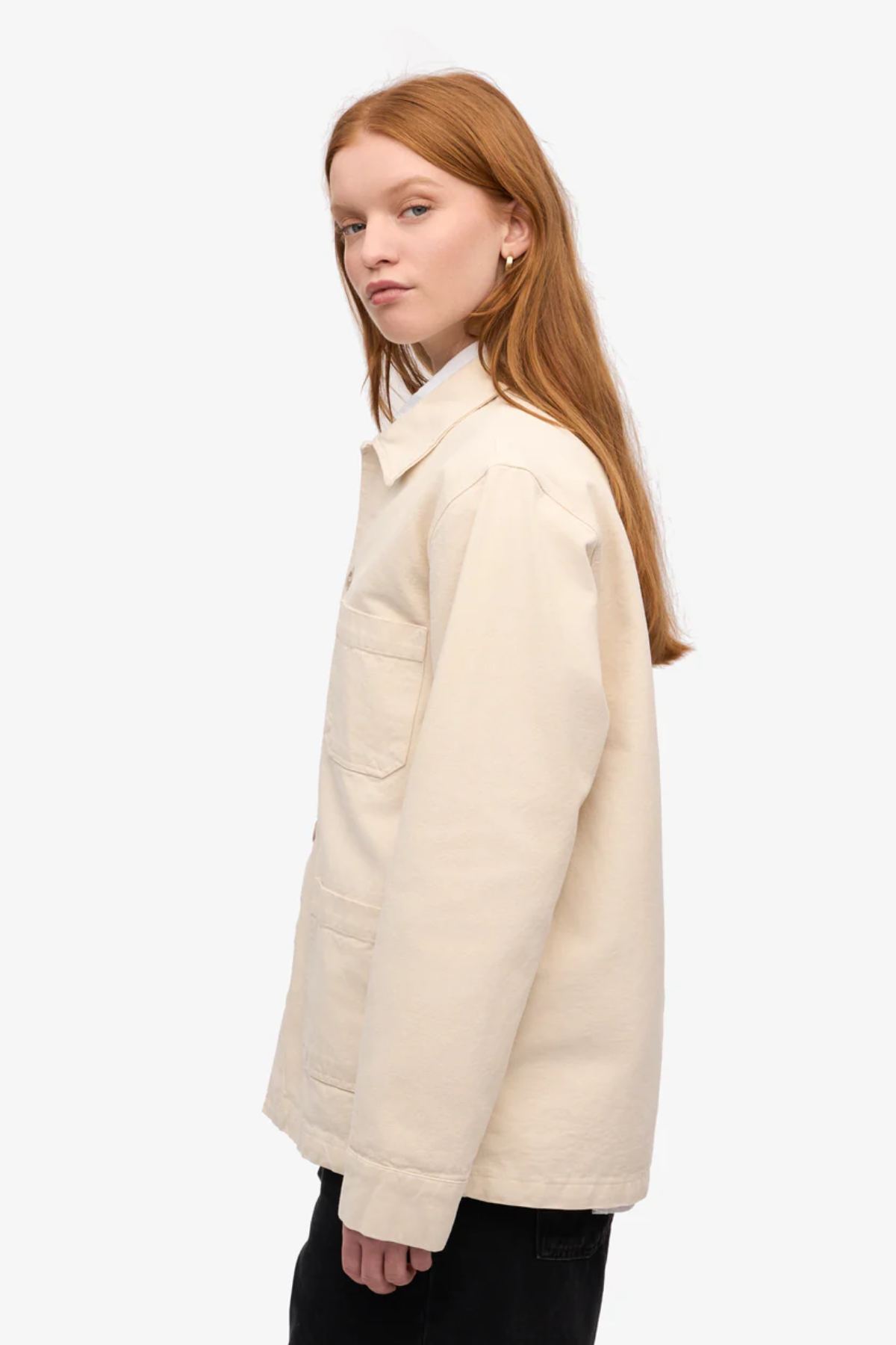 Ivory unisex organic cotton worker jacket with button front and pocket detail