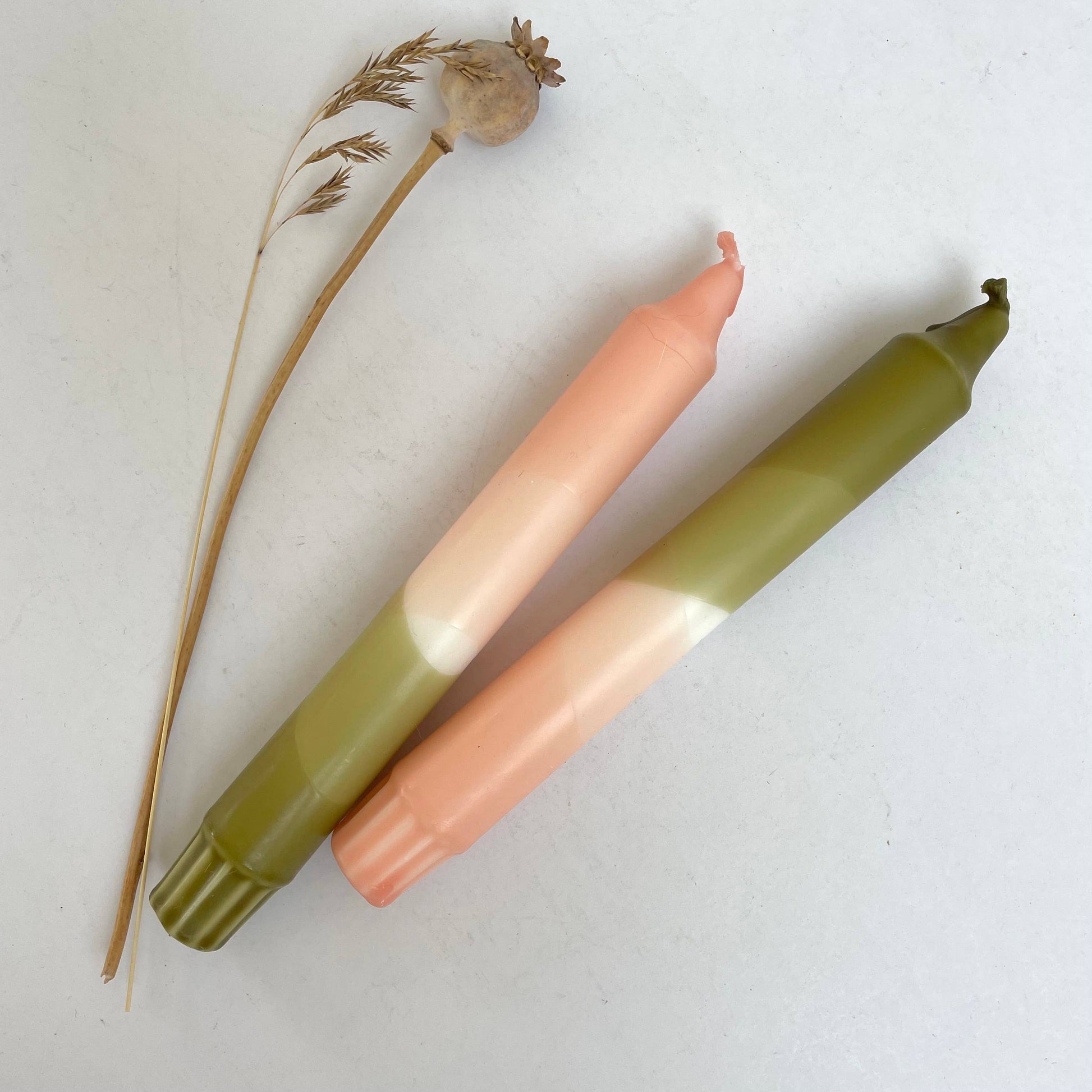 The Singing Rabbit - Blush Pink and Olive Green Dip Dyed Dinner Candles