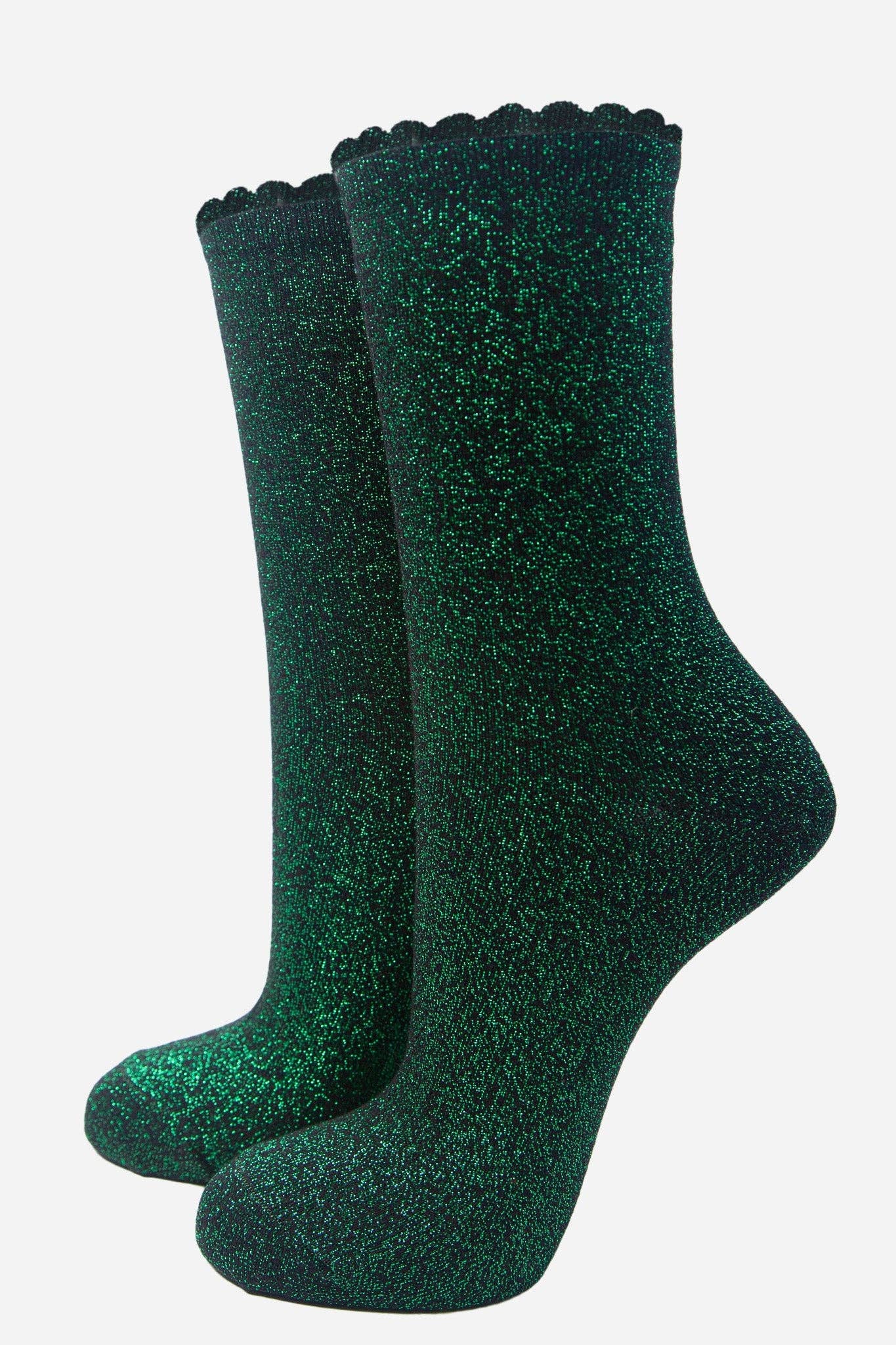 Green Glitter Socks with Scalloped Cuff