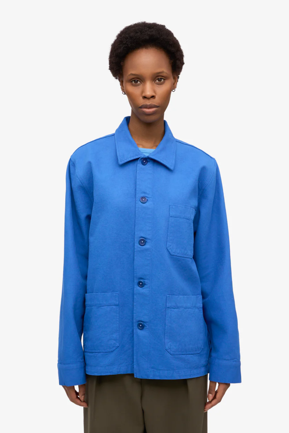 Royal blue unisex organic cotton worker jacket with button front and pocket detail