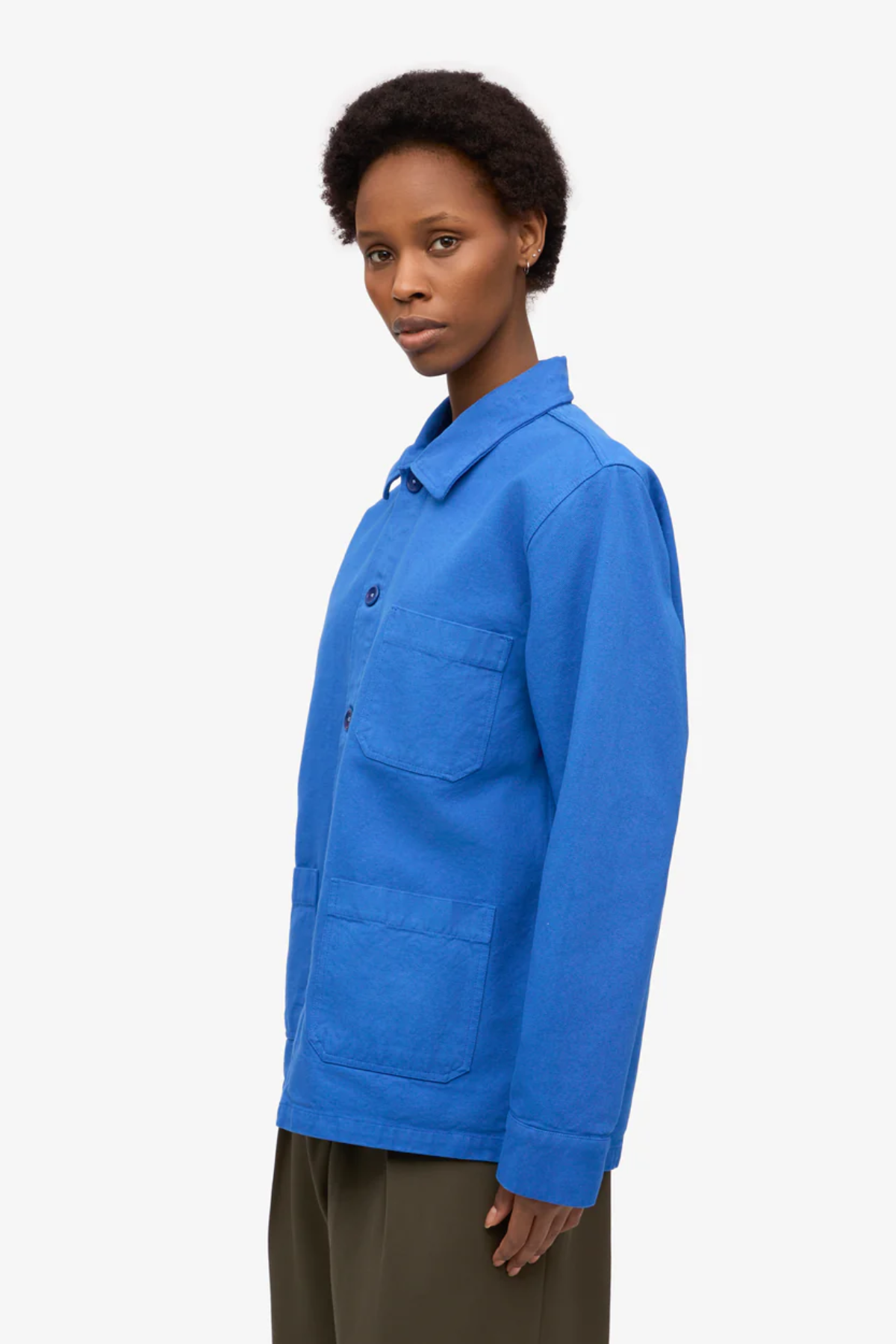 Royal blue unisex organic cotton worker jacket with button front and pocket detail