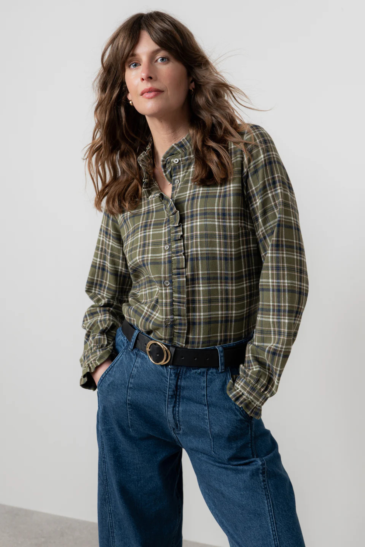 Sage Frill Organic Brushed Cotton Checked Blouse Multi
