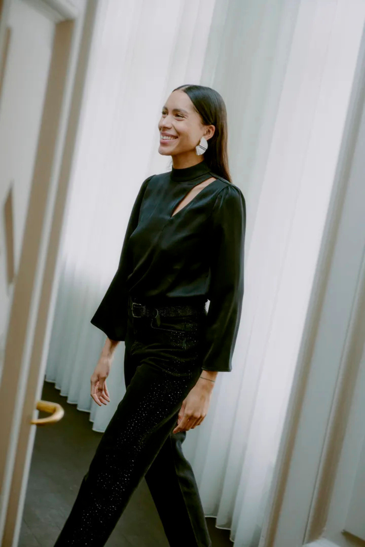 BYLARA Straight Black Denim Rhinestone Jeans