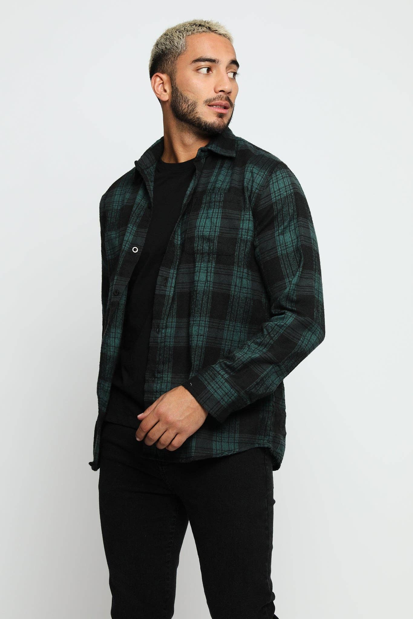 Plaid Flannel Check Shirt - Dark Green/Black