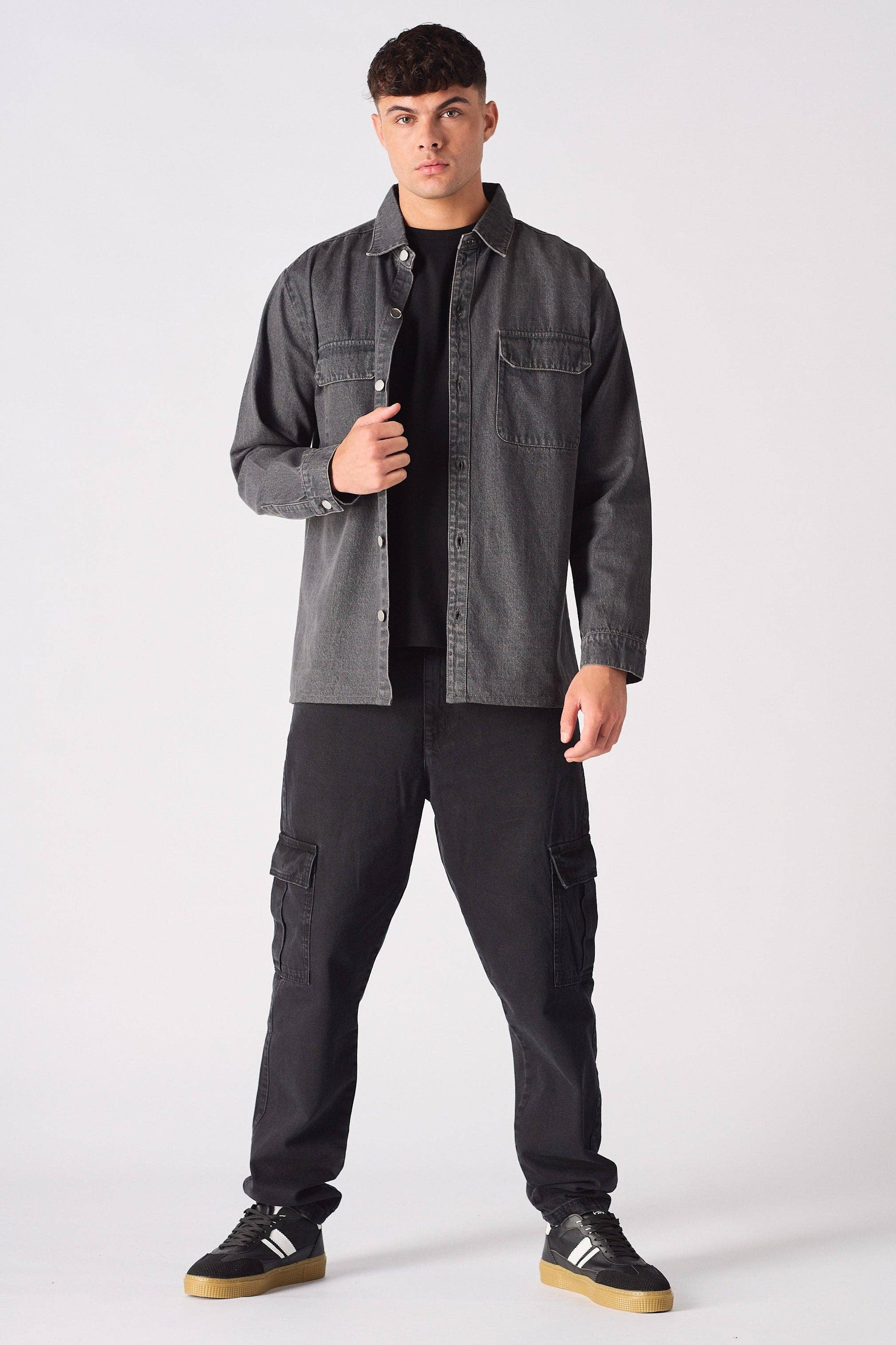 Cargo Denim Shirt - Grey Acid Wash