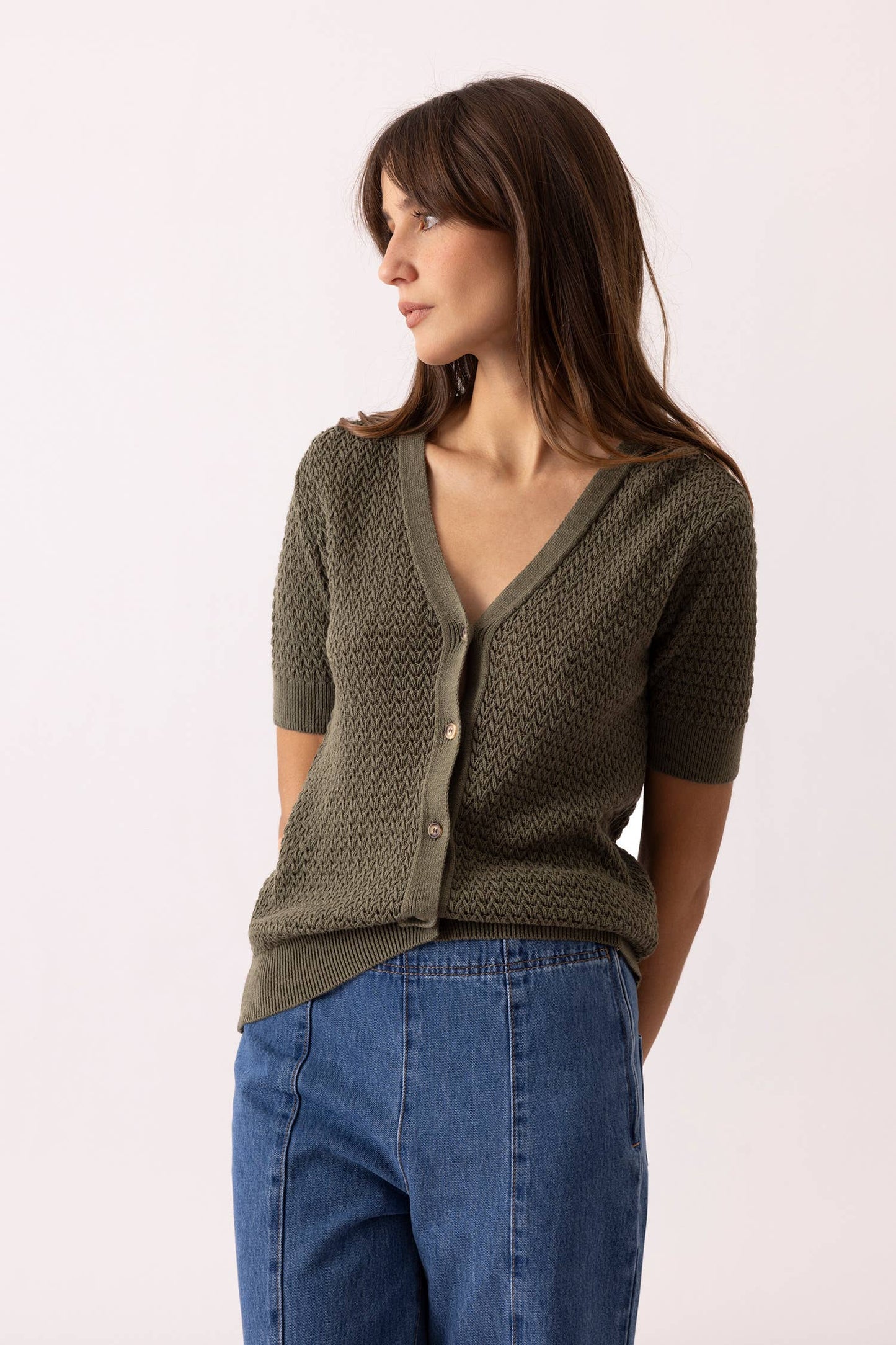 Short Sleeve Structured Knit Cardigan