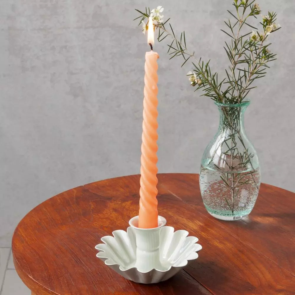 Enamel Cupped Flower Candle Holder - Light Grey/Green