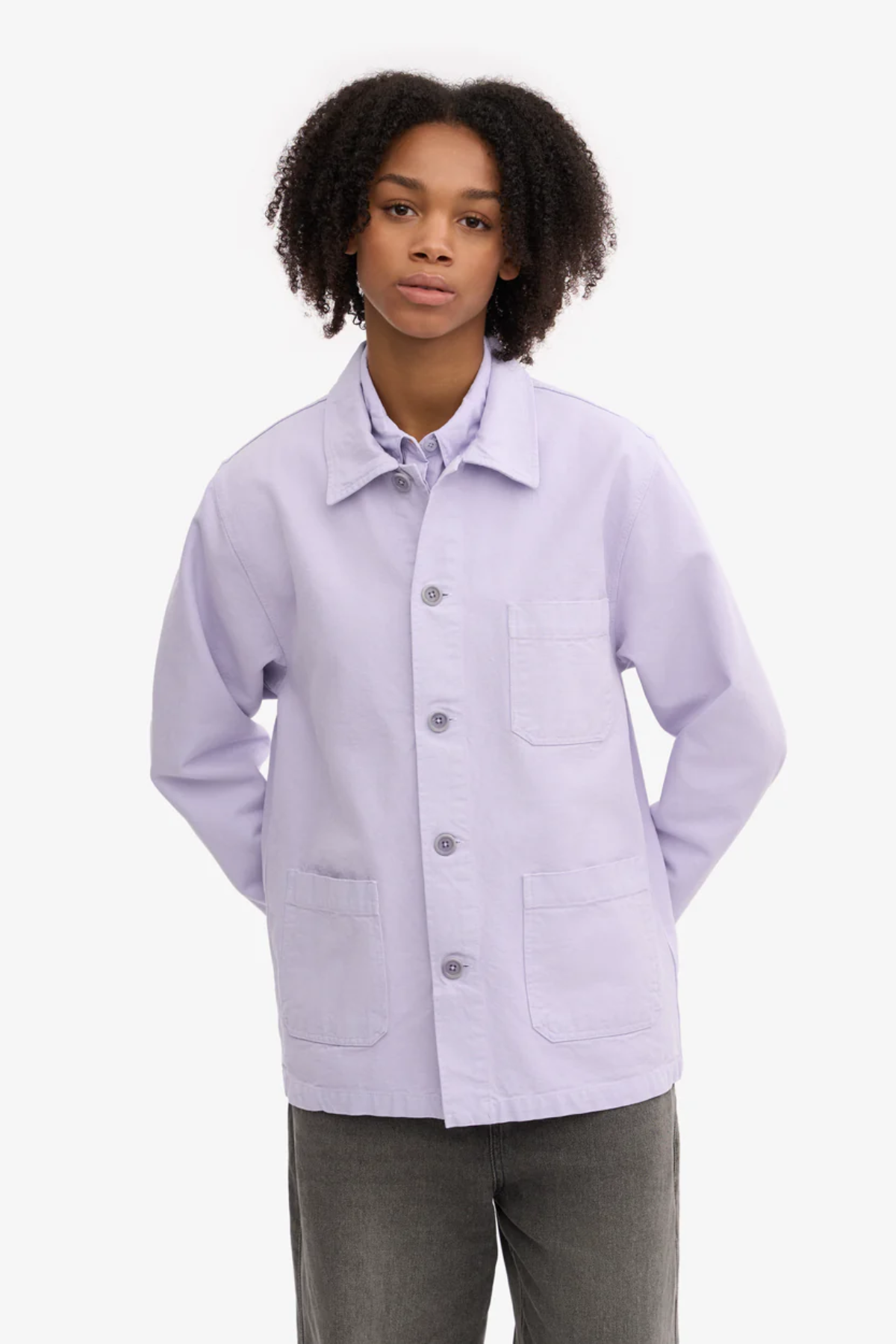 Lavender unisex organic cotton worker jacket with button front and pocket detail