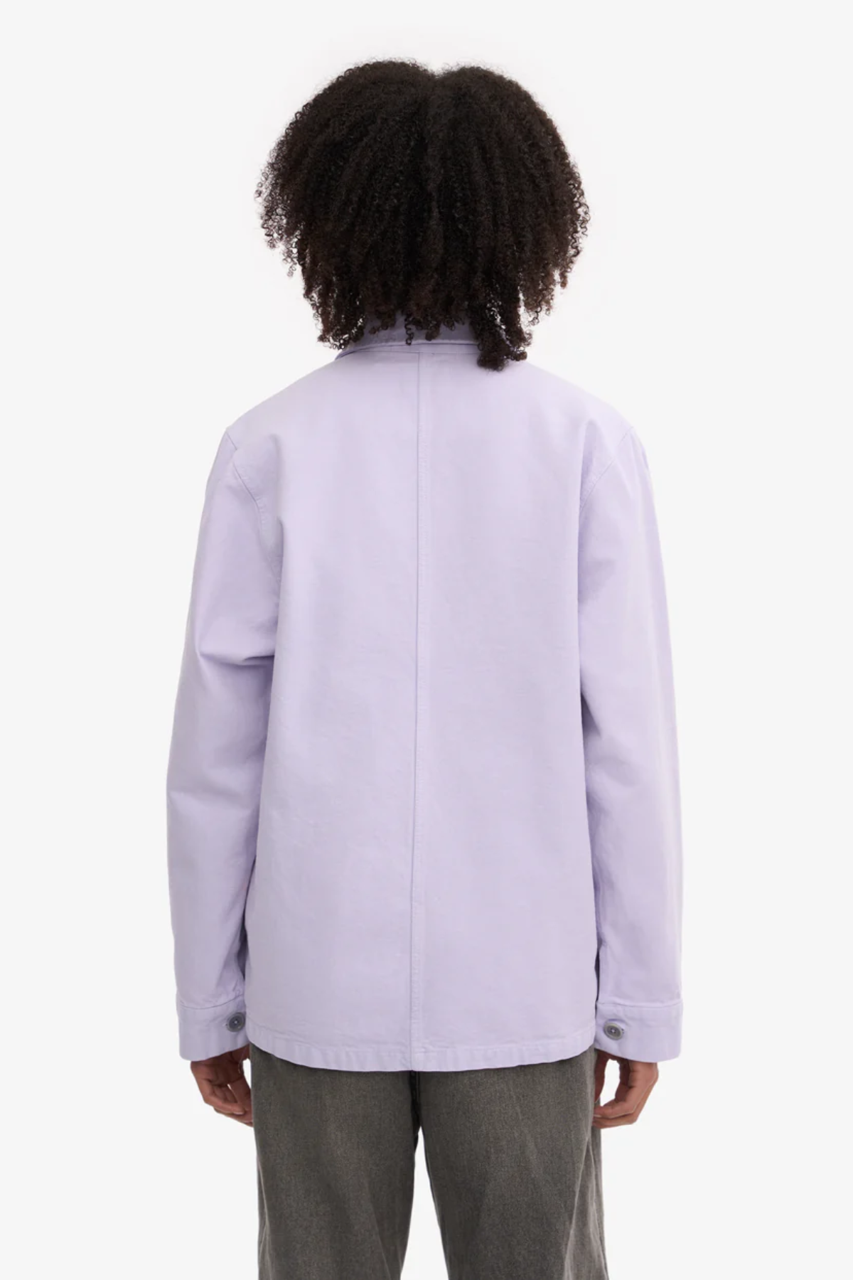 Lavender unisex organic cotton worker jacket with button front and pocket detail