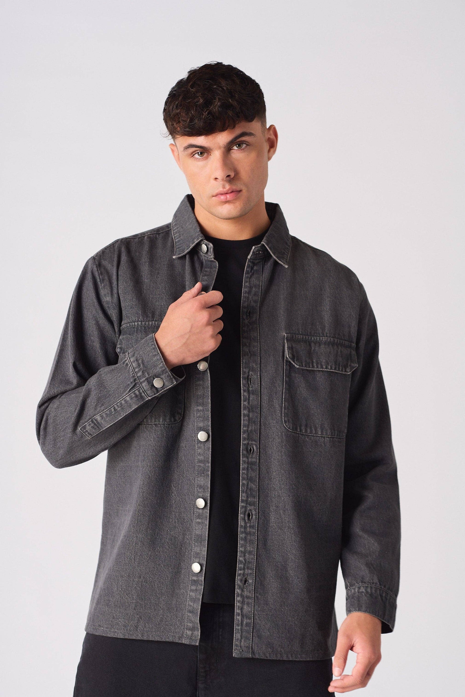 Cargo Denim Shirt - Grey Acid Wash