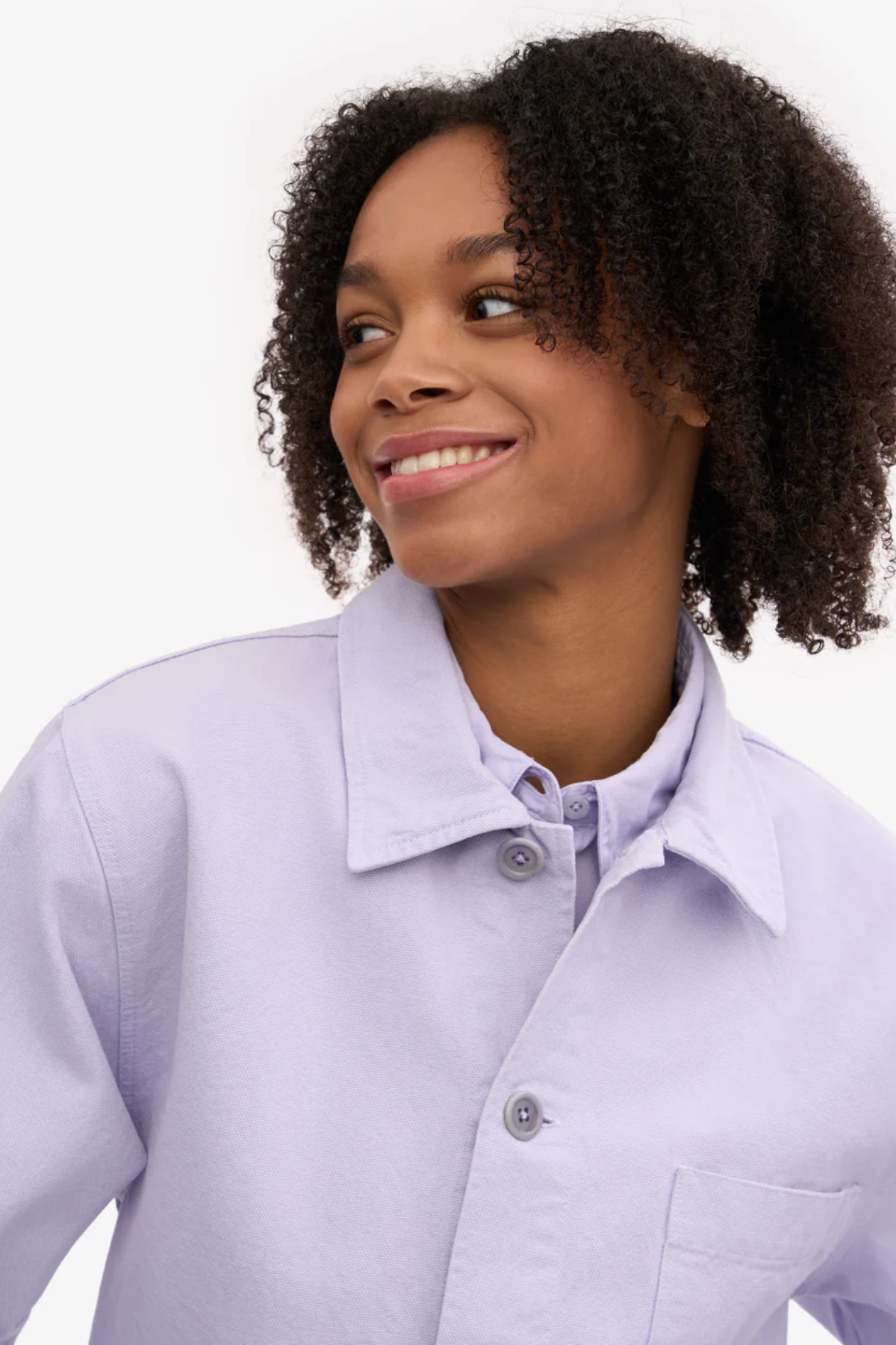 Lavender unisex organic cotton worker jacket with button front and pocket detail