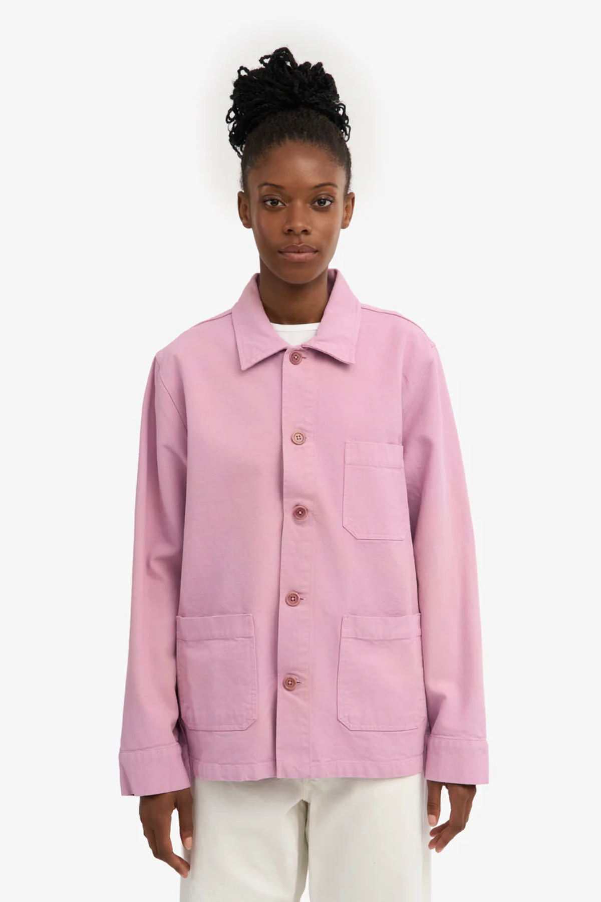 Pink unisex organic cotton worker jacket with button front and pocket detail