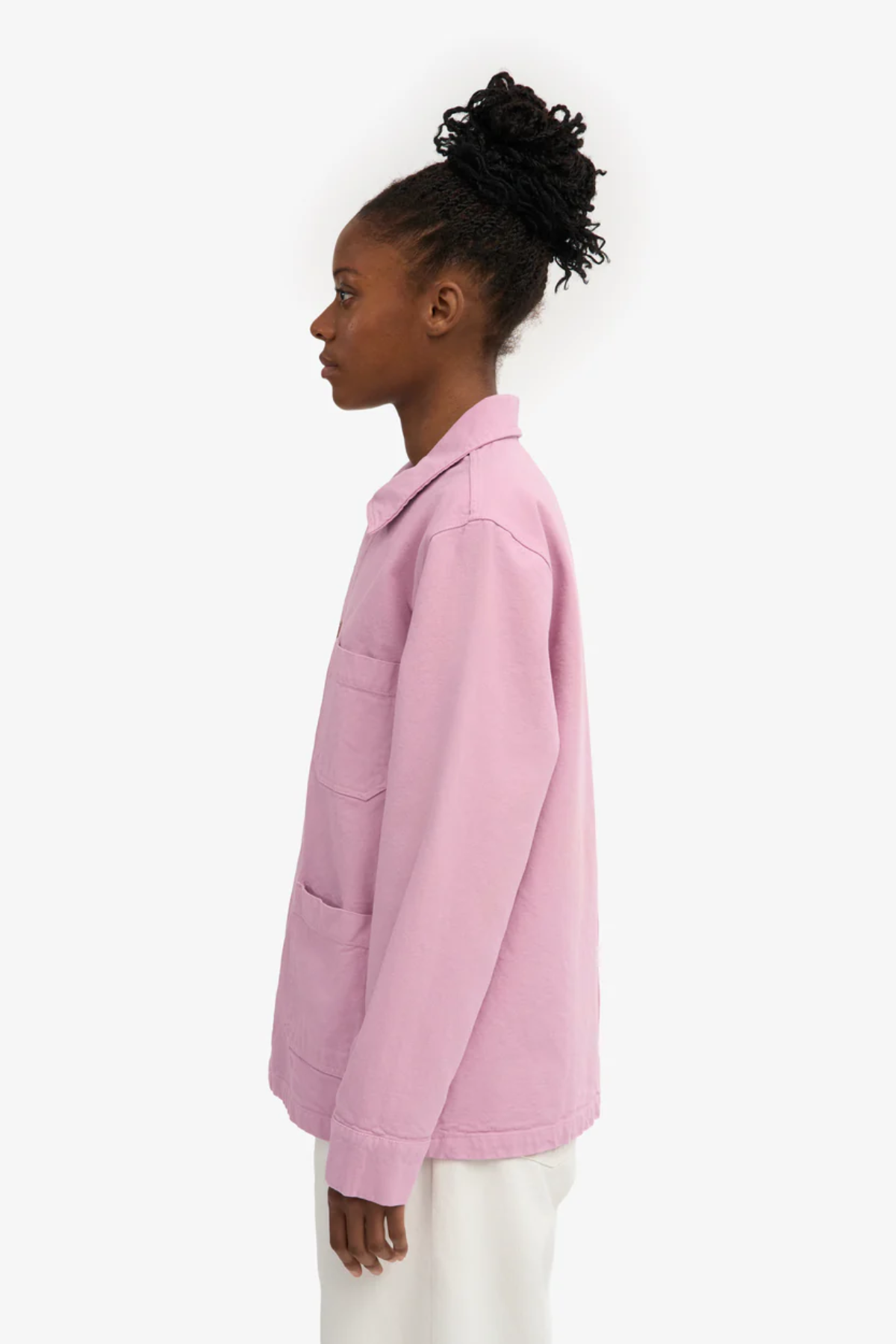 Pink unisex organic cotton worker jacket with button front and pocket detail