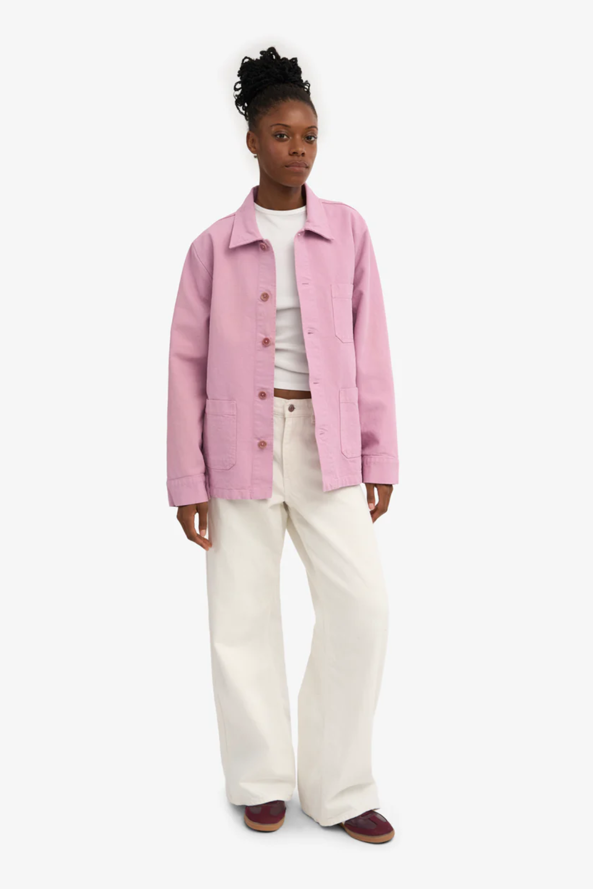 Pink unisex organic cotton worker jacket with button front and pocket detail