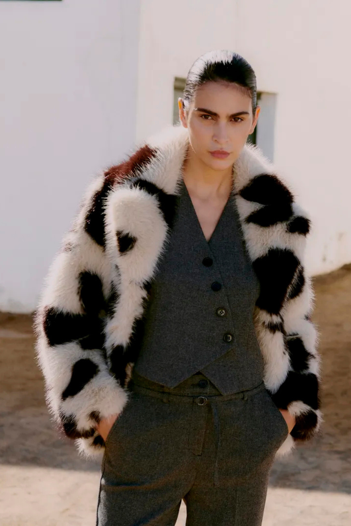 BYBEMIO Cow Print Faux Fur Coat