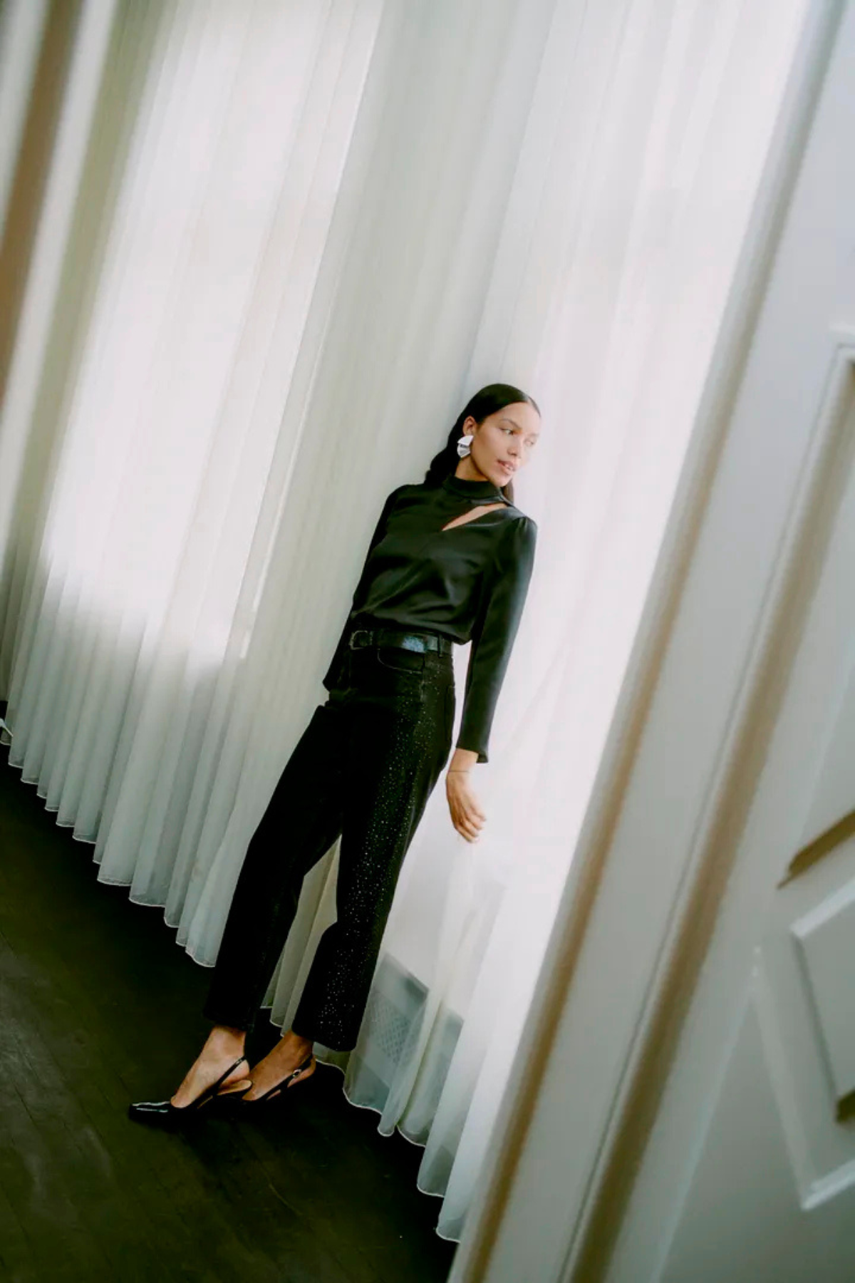 BYLARA Straight Black Denim Rhinestone Jeans