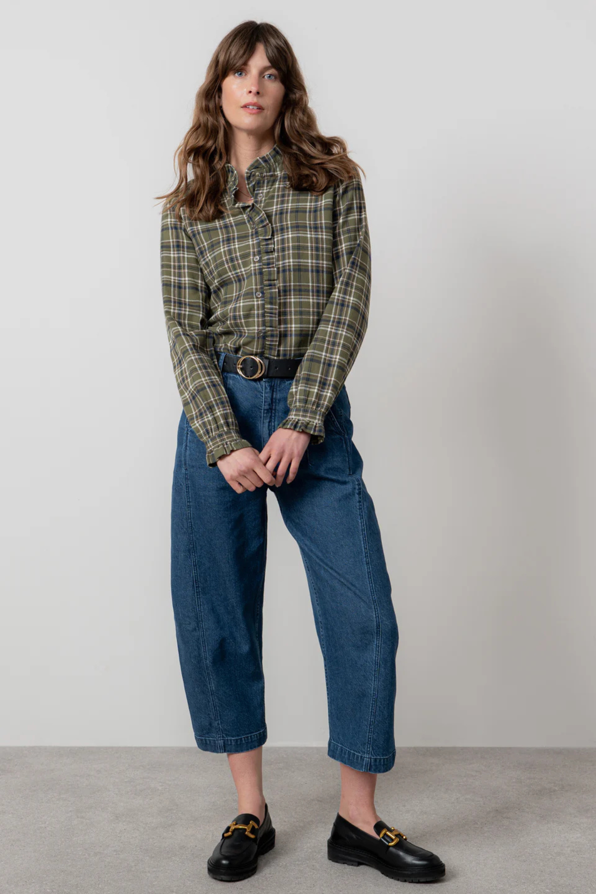Sage Frill Organic Brushed Cotton Checked Blouse Multi