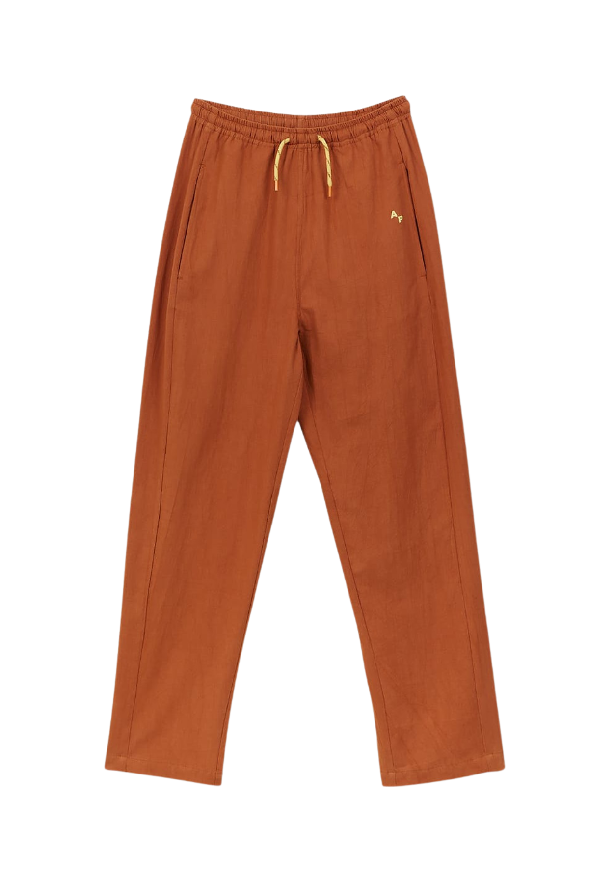 Rust coloured textured cotton trousers with bright yellow drawstring and elasticated waist.