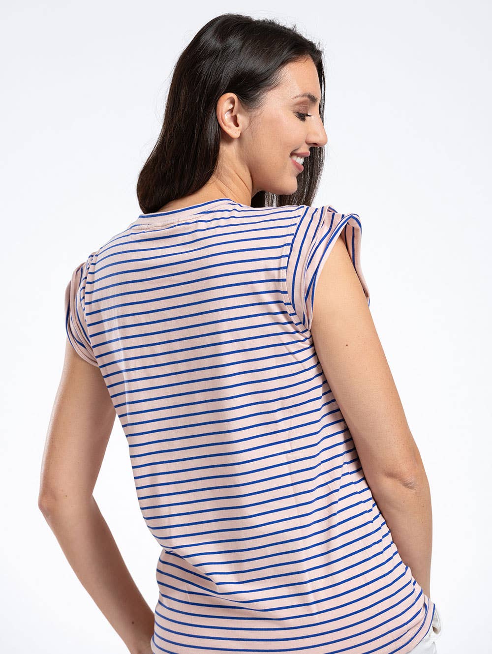 Pentlebay Clothing - Ruffle Sleeve Tee in Pink Navy Stripe