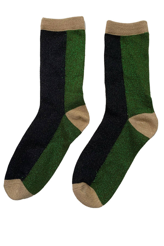 Colour Block Glitter Socks - Khaki/Black