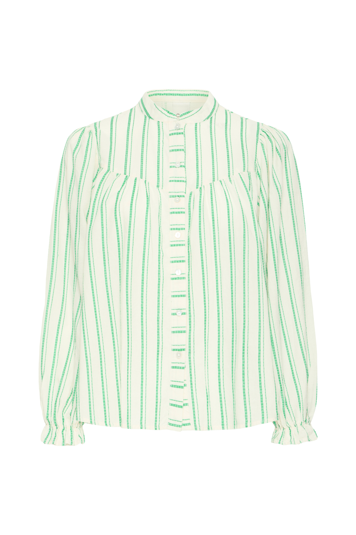 Women's green-striped button-front blouse with ruffle cuffs and pleating detail across chest.