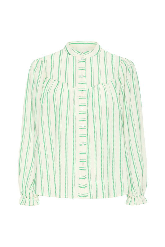 Women's green-striped button-front blouse with ruffle cuffs and pleating detail across chest.