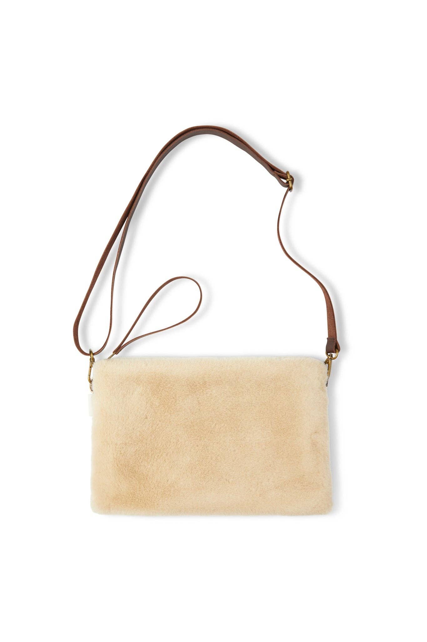 Beige handbag with brown strap on a white background Large Pouch Bag With Strap | Flat Fur | Labrador