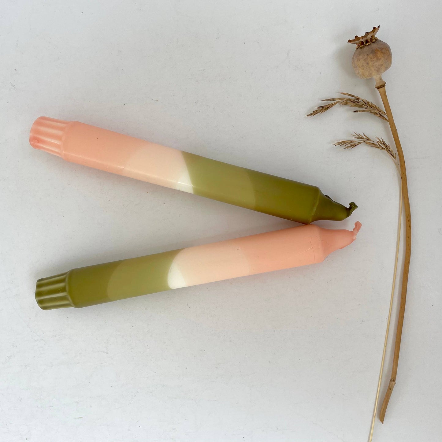 The Singing Rabbit - Blush Pink and Olive Green Dip Dyed Dinner Candles