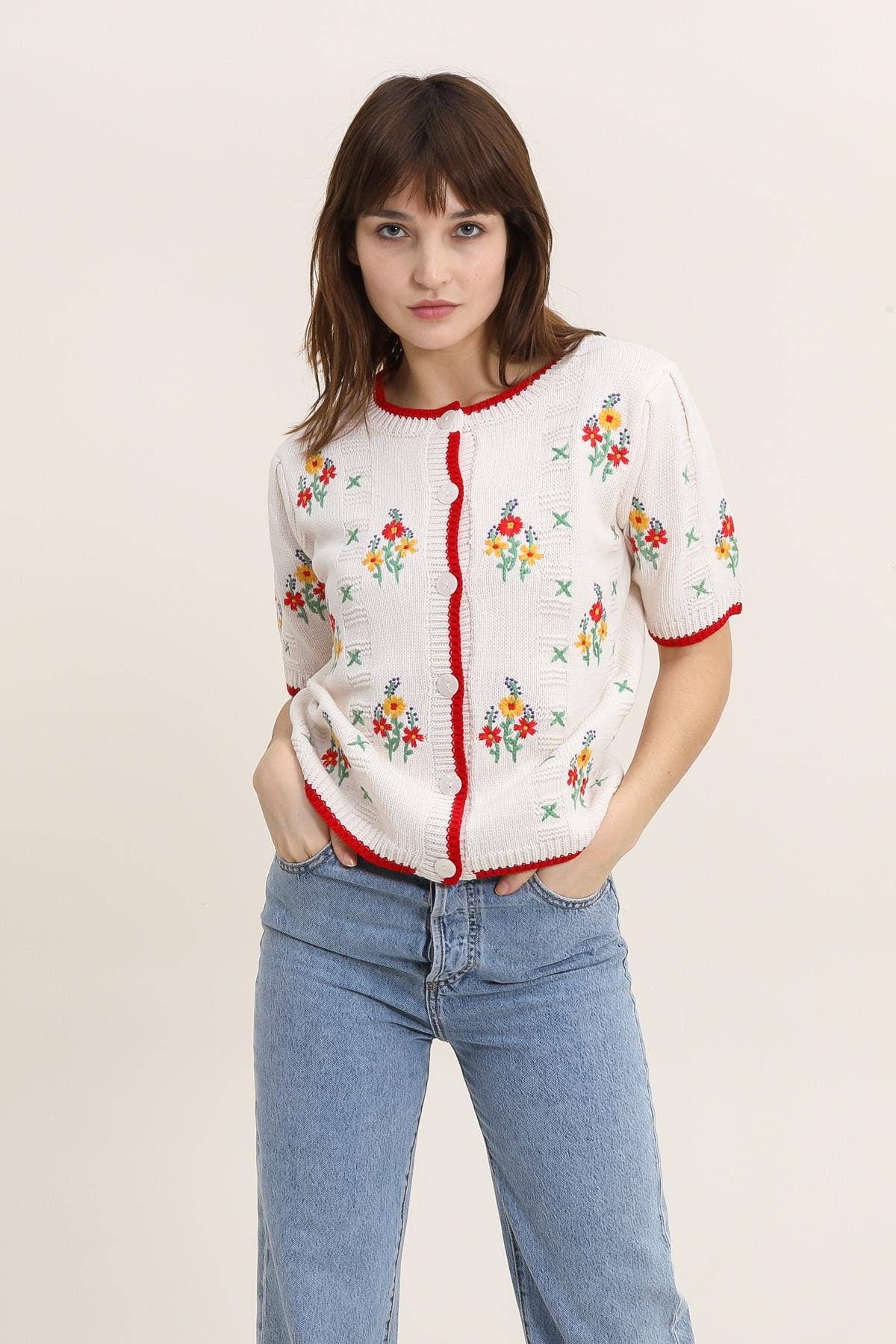 Teresa Flower Embroidery Short-Sleeve Cardigan