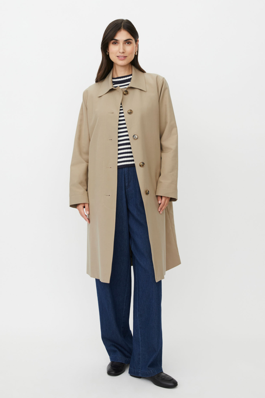 Mid-length lightweight beige trench coat with brown and blue checked lining. Button front and classic collar make this a staple.
