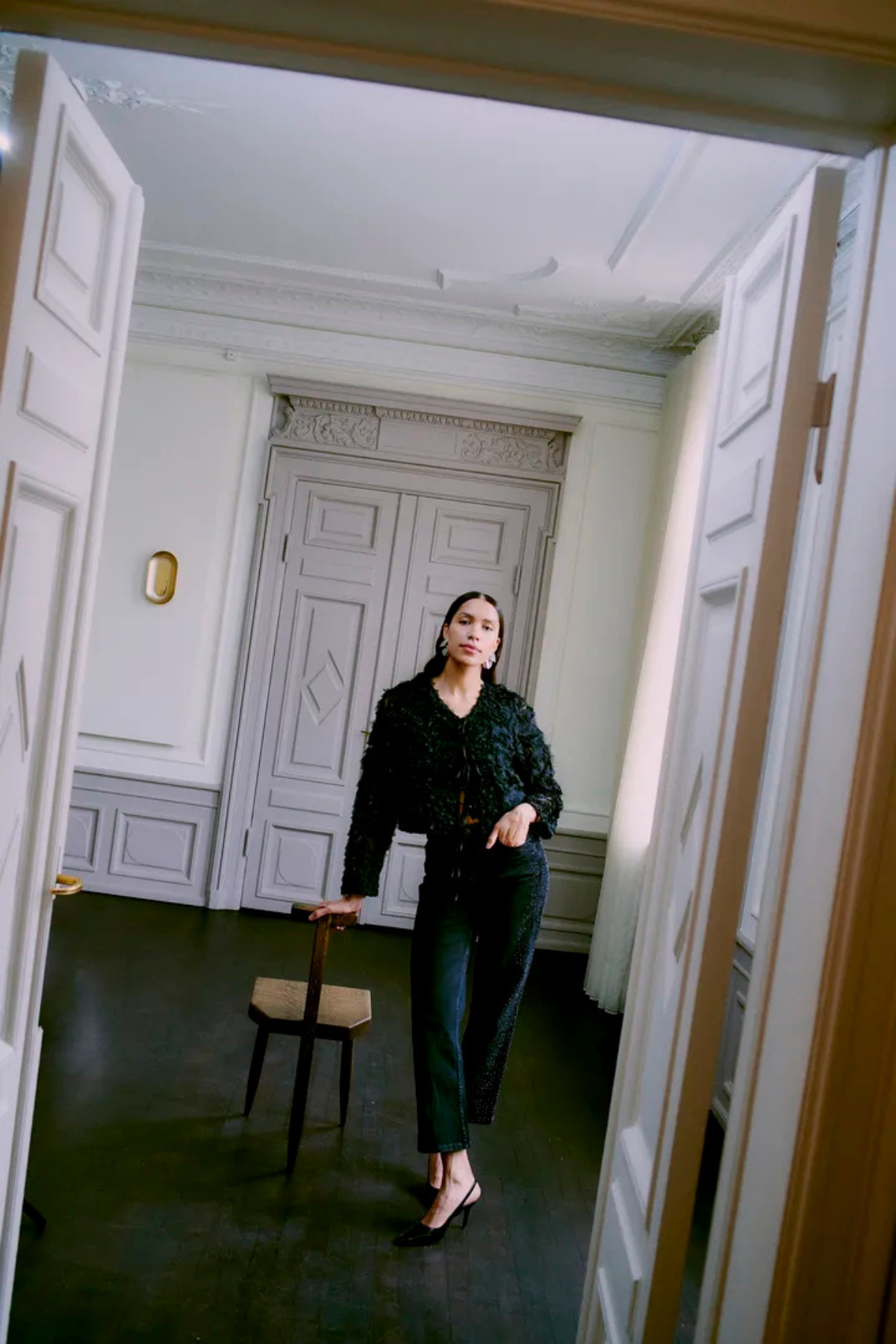 BYLARA Straight Black Denim Rhinestone Jeans