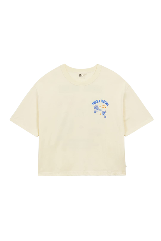 Women's cotton cream graphic tee with bright blue 'arena mexico' logo