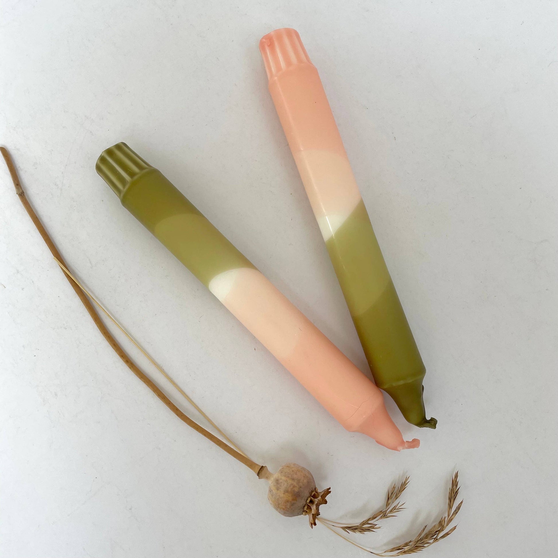 The Singing Rabbit - Blush Pink and Olive Green Dip Dyed Dinner Candles