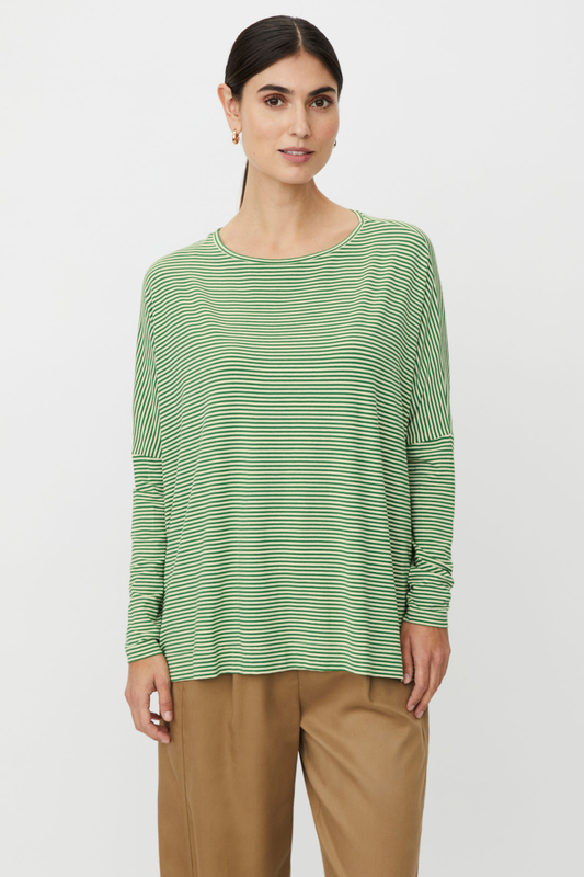 Mint green and butter yellow finely striped jersey top with a boatneck and loose fit.