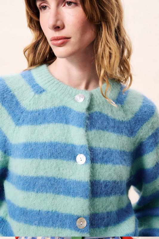 lightweight alpaca blend fluffy knit cardigan in green and blue stripe.