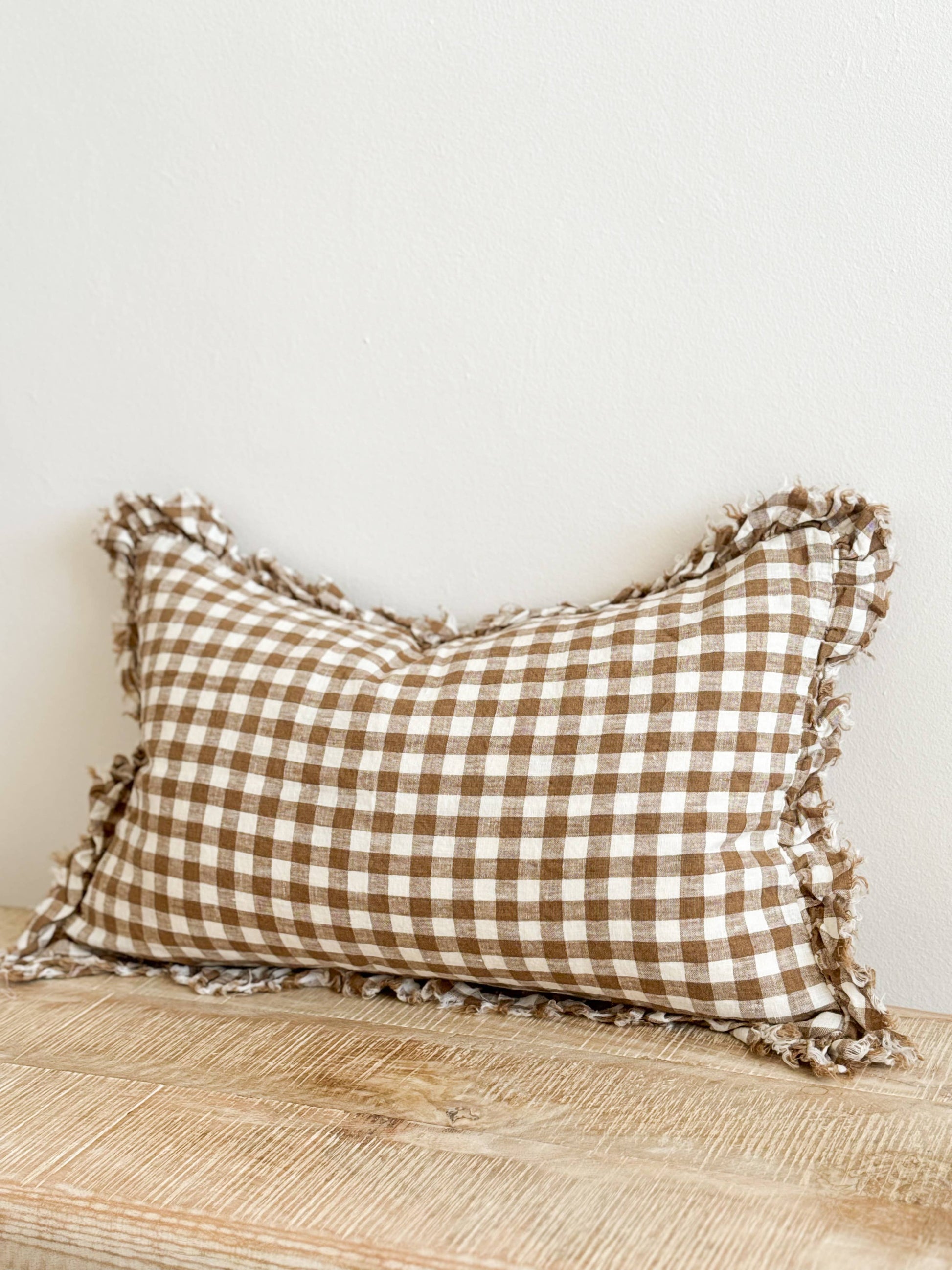 HALLIE Brown Gingham Linen Cushion Cover 50x30cm