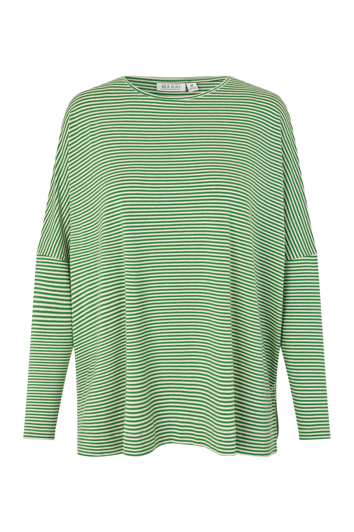 Mint green and butter yellow finely striped jersey top with a boatneck and loose fit.