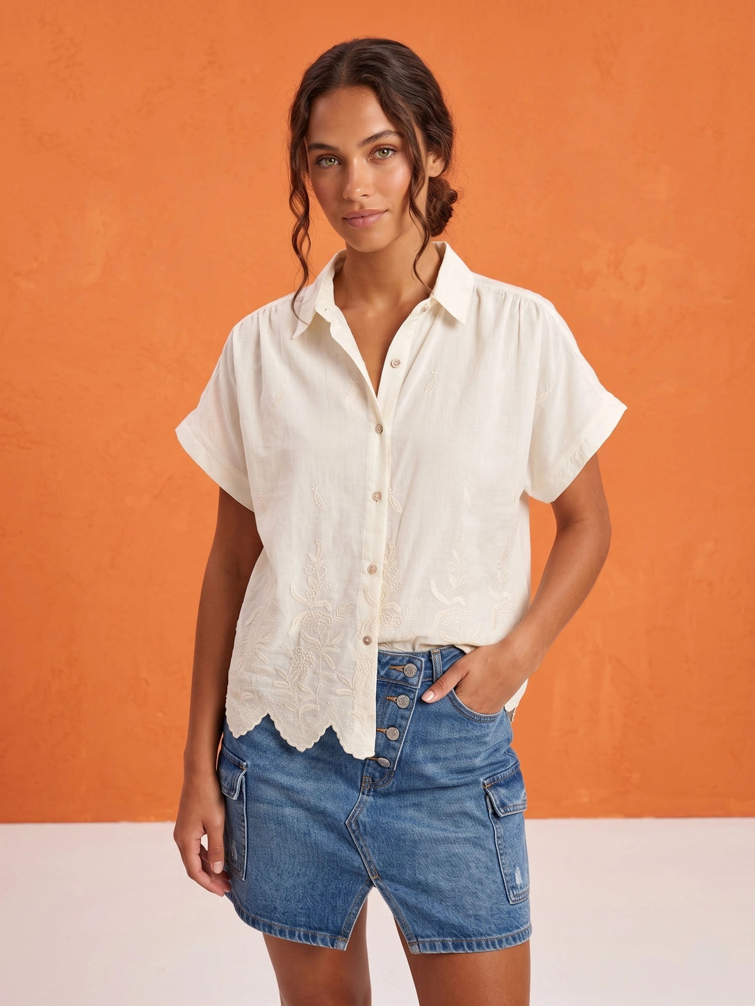 Alison Emroidered Cotton Shirt - Cream