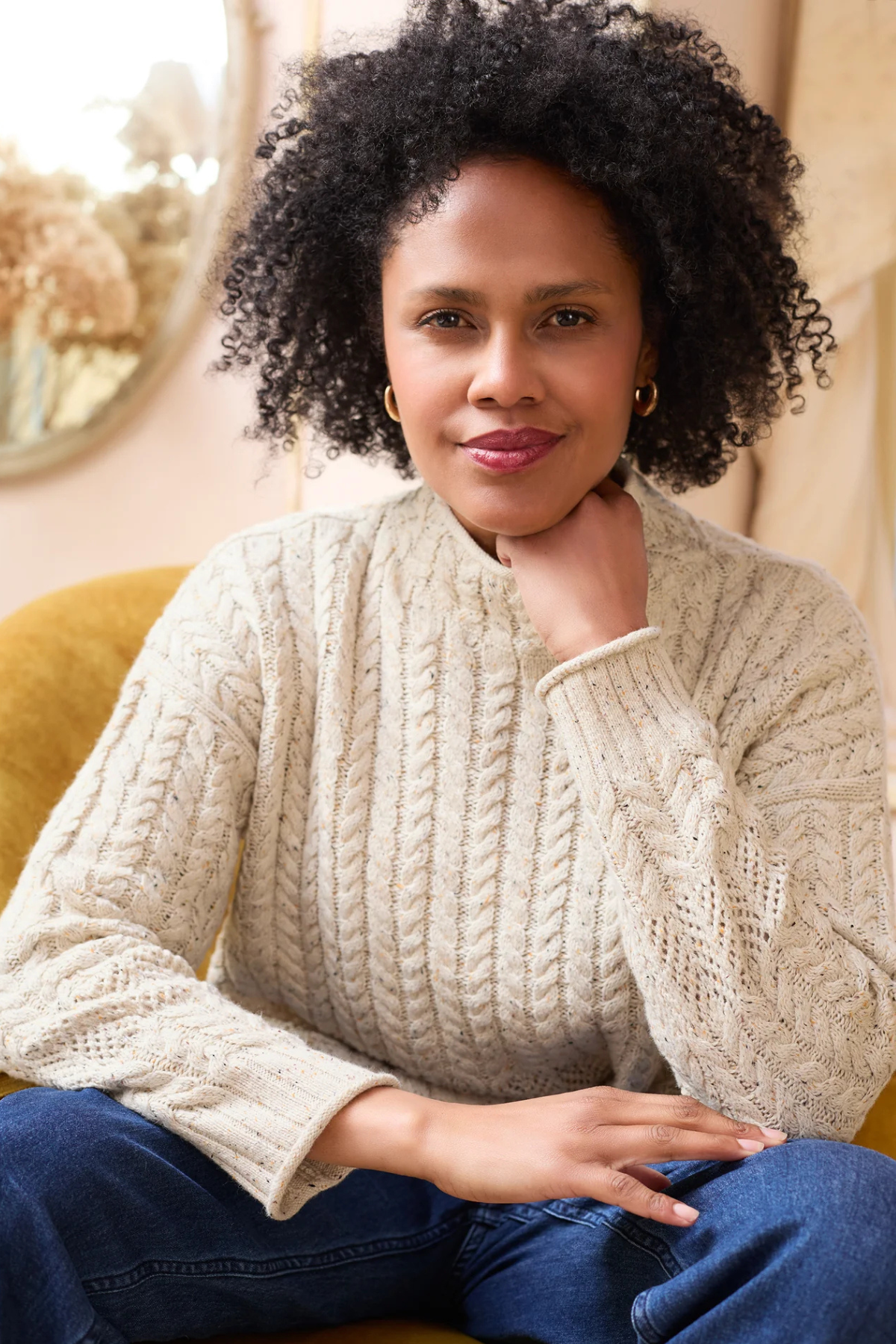 Elspeth Cable Knit High Neck Jumper Ecru