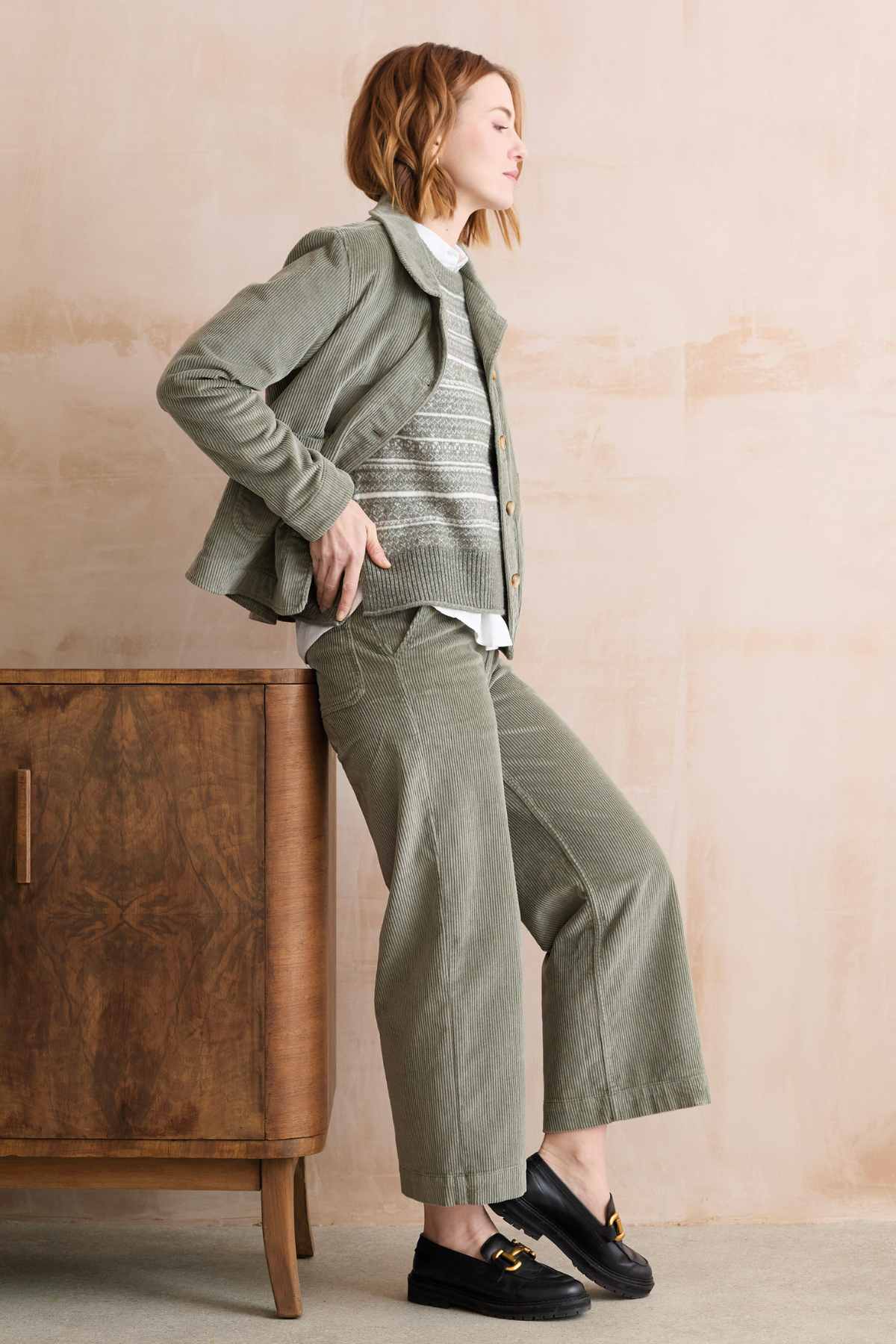 Isla Crop Trouser Plain Jumbo Cord - Sage