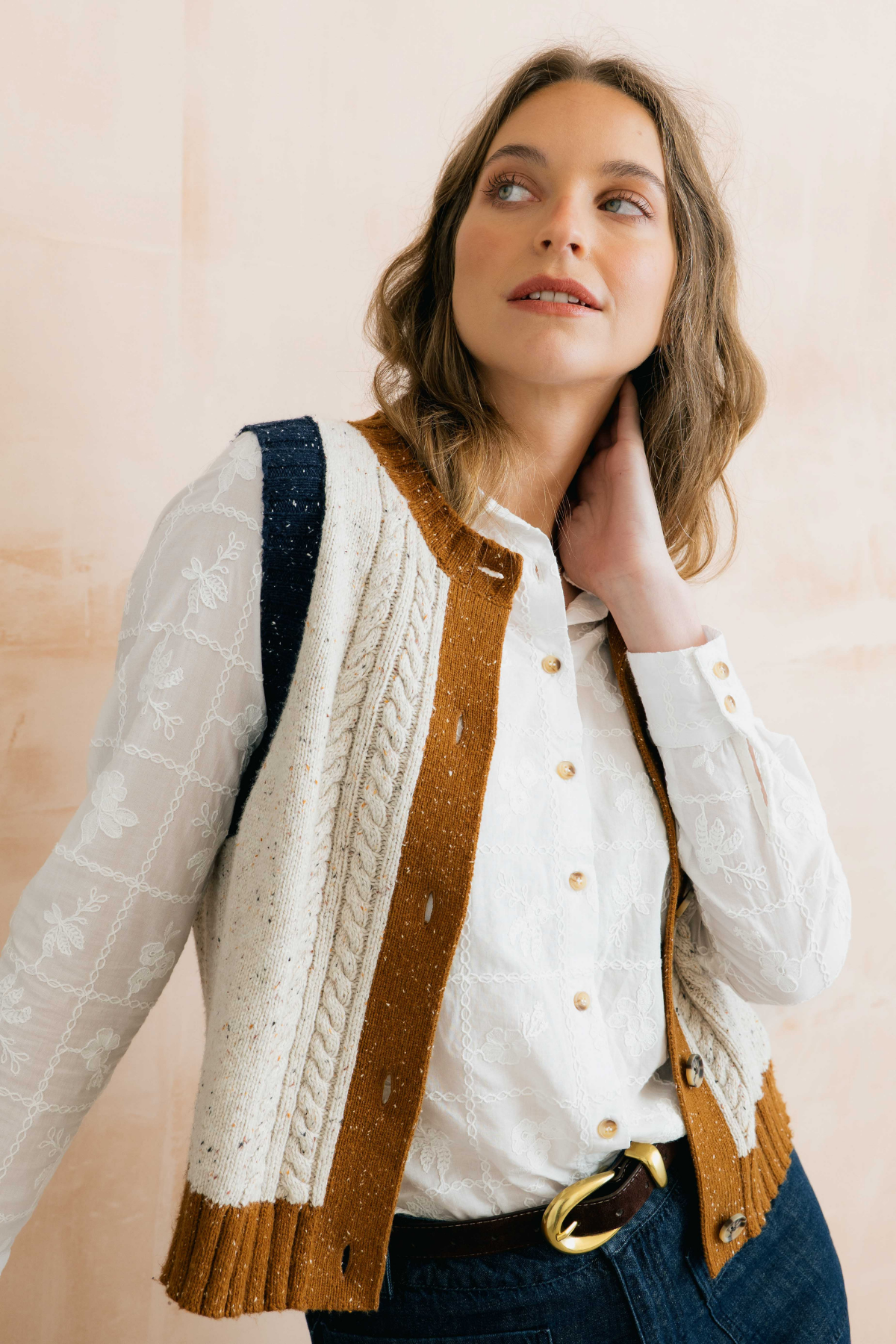Grove Colour Block Vest Fleck Cable Knit
